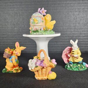 Set of 4 Resin Easter Mini Figurines Bunnies, Basket, Chick, And Egg 2.5" Tall